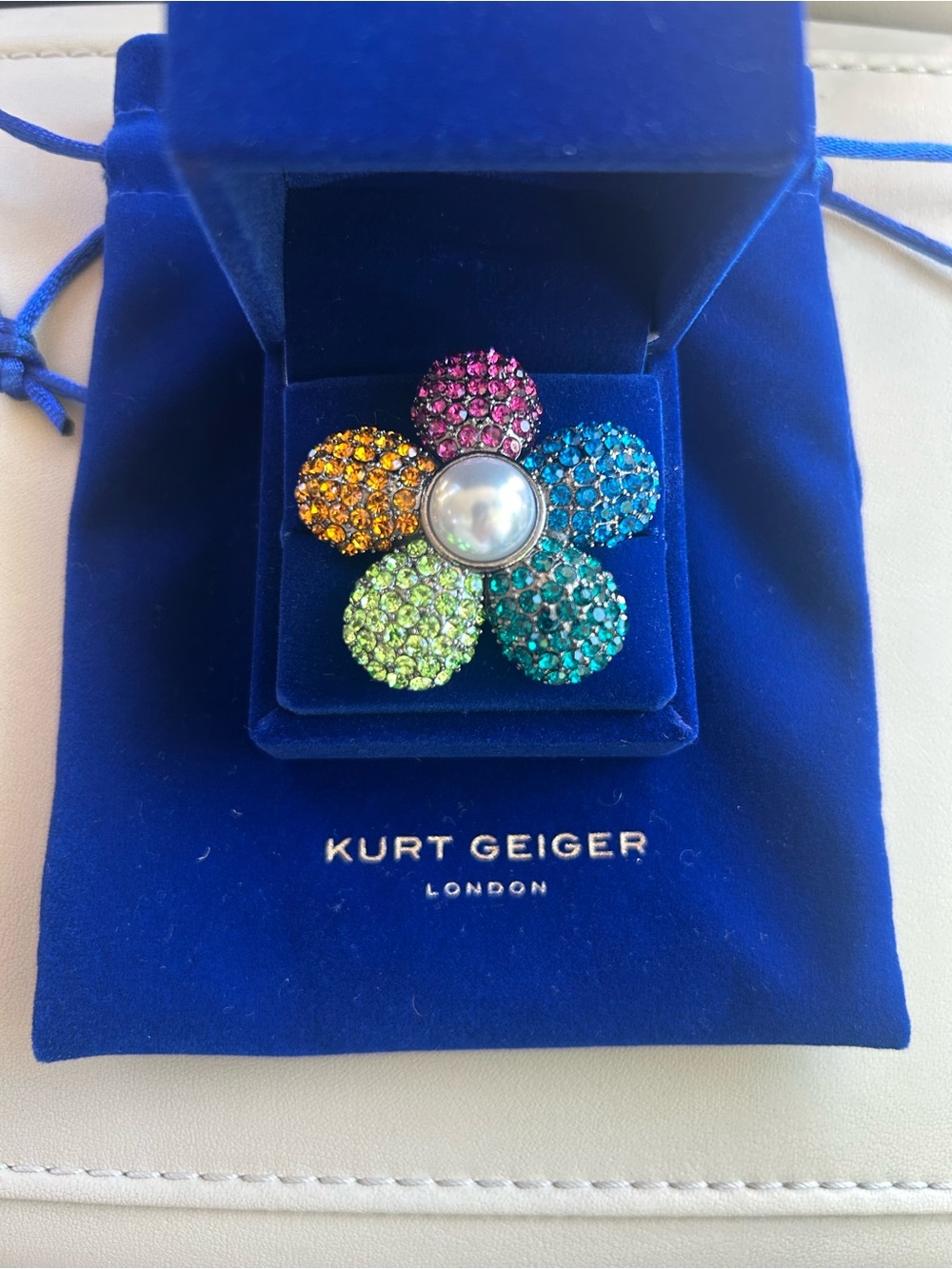 Kurt Geiger Rainbow Crystal Flower Brooch with Pearl Center